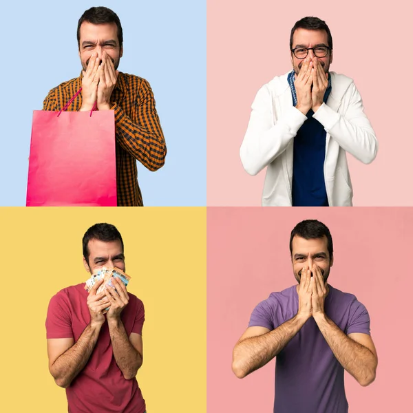 Set Men Smiling Lot While Covering Mouth — Stock Photo, Image