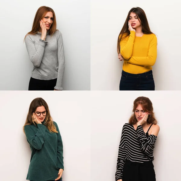 Set of women over white background with toothache