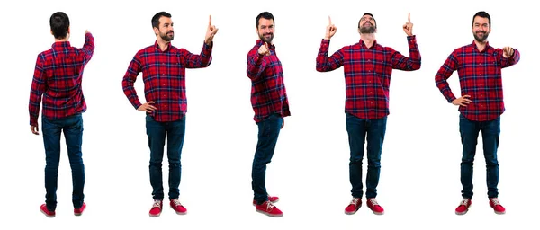 Conjunto de homem bonito aponta o dedo para você, apontando para cima e para trás — Fotografia de Stock