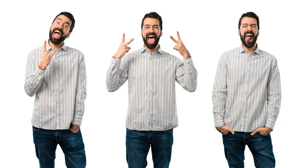 Collage di bell'uomo con la barba che mostra la lingua alla fotocamera — Foto Stock