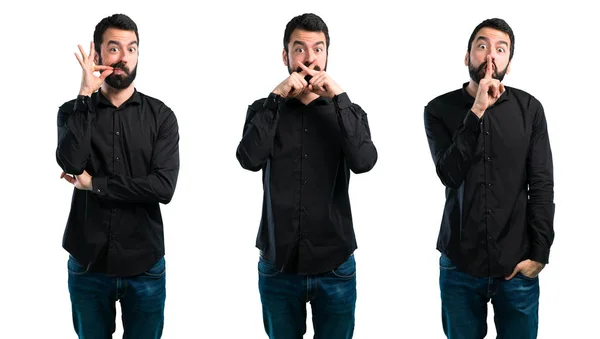 Conjunto de homem bonito com barba fazendo gesto de silêncio — Fotografia de Stock