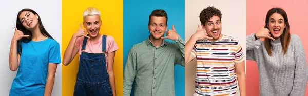 Conjunto Personas Sobre Fondos Coloridos Haciendo Gesto Teléfono Llámame Señal — Foto de Stock