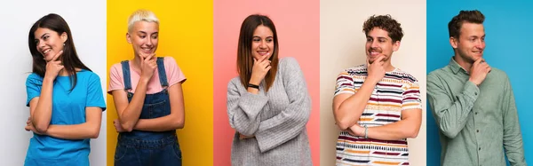 Conjunto Pessoas Sobre Fundos Coloridos Olhando Para Lado — Fotografia de Stock