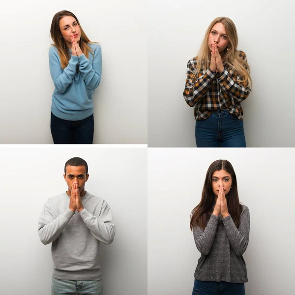 Collage Människor Håller Handflatan Tillsammans Person Frågar Efter Något — Stockfoto