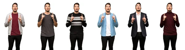 Set Handsome Man Surprised Pointing — Stock Photo, Image