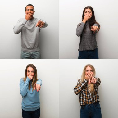 Collage of people pointing with finger at someone and laughing