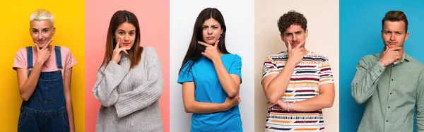 Conjunto Personas Sobre Fondos Coloridos Pensando — Foto de Stock