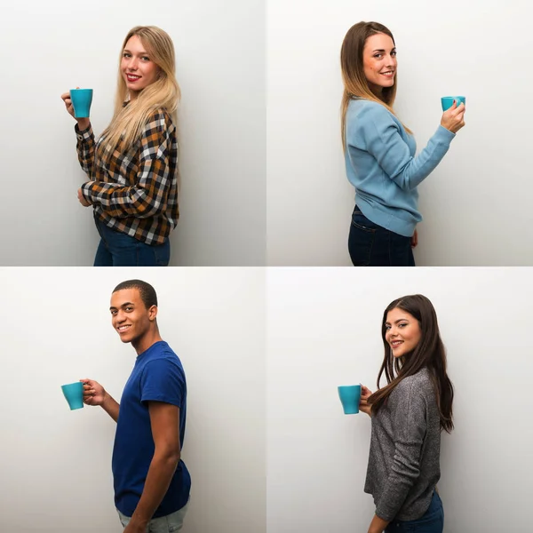 Collage of people holding a hot cup of coffee