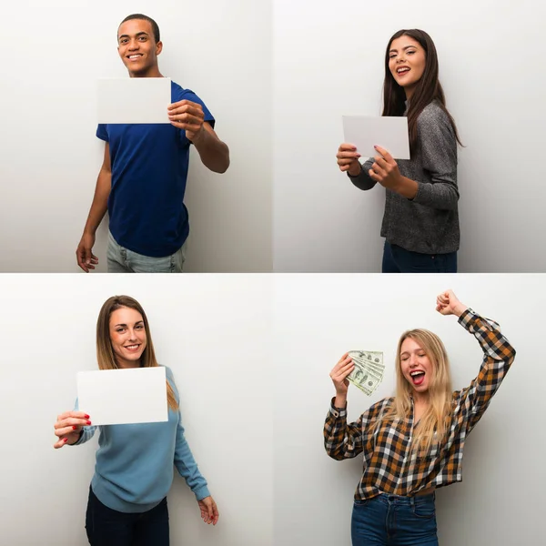 Collage Von Menschen Mit Einem Leeren Weißen Plakat — Stockfoto