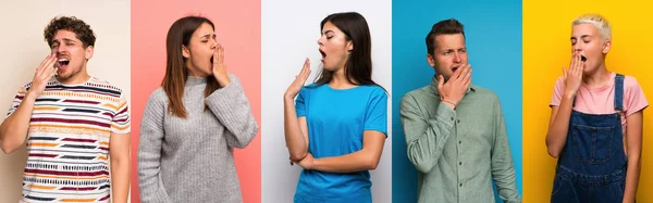 Conjunto Personas Sobre Fondos Coloridos Bostezando Cubriendo Boca Abierta Con — Foto de Stock