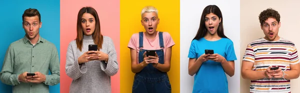 Conjunto Personas Sobre Fondos Coloridos Sorprendidos Enviando Mensaje —  Fotos de Stock