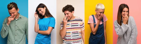 Set Persone Sfondi Colorati Sorridendo Molto — Foto Stock