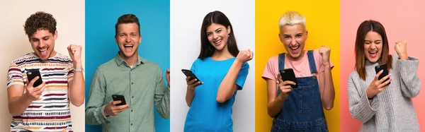 Set People Colorful Backgrounds Phone Victory Position — Stock Photo, Image