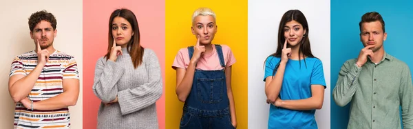 Conjunto Pessoas Sobre Fundos Coloridos Olhando Para Frente — Fotografia de Stock