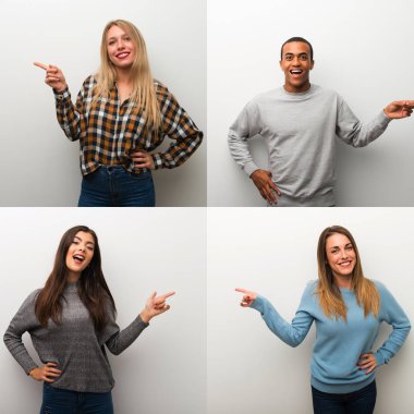 Collage of people pointing finger to the side and presenting a product