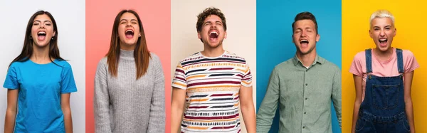 Conjunto Personas Sobre Fondos Coloridos Gritando Frente Con Boca Abierta —  Fotos de Stock