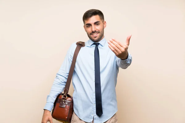 Young Business Beard Isolated Background Inviting Come — Stock Photo, Image