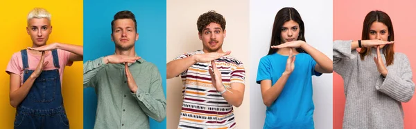 Conjunto Personas Sobre Fondos Coloridos Haciendo Tiempo Fuera Gesto — Foto de Stock