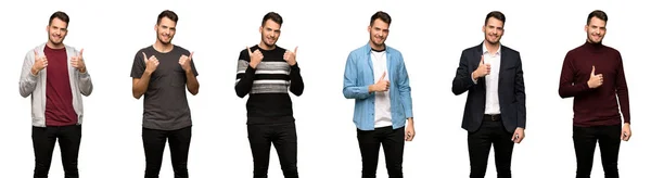 Conjunto Hombre Guapo Dando Gesto Hacia Arriba Pulgares Sonriendo —  Fotos de Stock