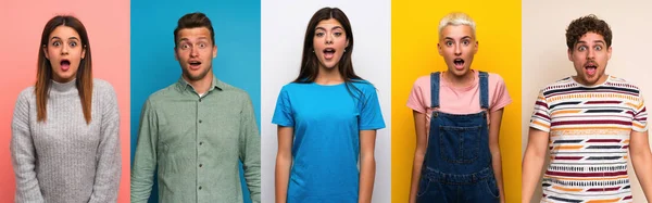 Set People Colorful Backgrounds Surprise Facial Expression — Stock Photo, Image