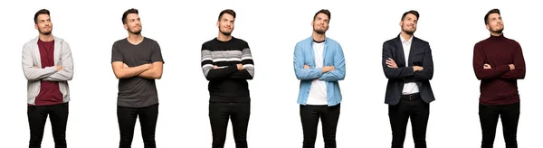 Conjunto Homem Bonito Olhando Para Cima Enquanto Sorrindo — Fotografia de Stock