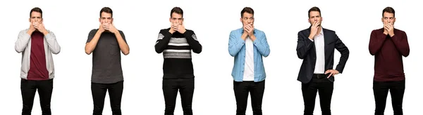 Uppsättning Stilig Man Täcker Munnen Med Händerna För Att Säga — Stockfoto