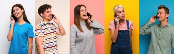 Zestaw Osób Kolorowym Tle Prowadzenie Rozmowy Telefonem Komórkowym — Zdjęcie stockowe