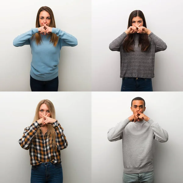 Collage Von Menschen Die Ein Zeichen Des Schweigens Setzen — Stockfoto