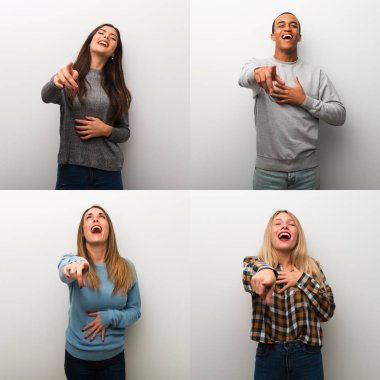 Collage of people pointing with finger at someone and laughing a lot
