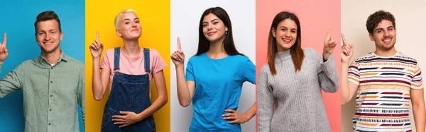 Conjunto Personas Sobre Fondos Coloridos Que Muestran Levantan Dedo Señal —  Fotos de Stock