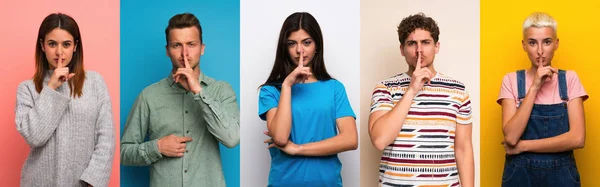 Set Persone Sfondi Colorati Che Mostrano Segno Silenzio Gesto Mettendo — Foto Stock
