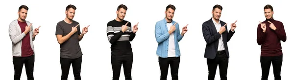 Set Handsome Man Frightened Pointing Side — Stock Photo, Image