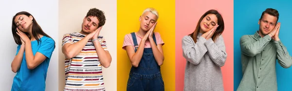 Set Persone Sfondi Colorati Facendo Gesto Del Sonno Espressione Dormiente — Foto Stock