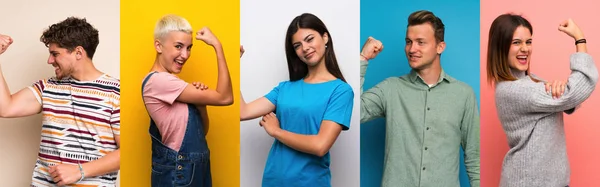 Gruppe Von Menschen Mit Buntem Hintergrund Macht Starke Geste — Stockfoto