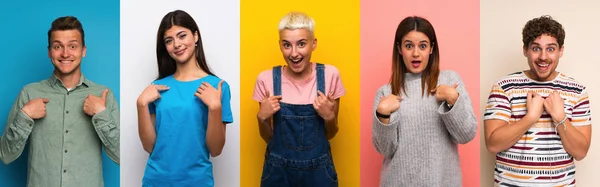 Conjunto Personas Sobre Fondos Coloridos Con Expresión Facial Sorpresa — Foto de Stock