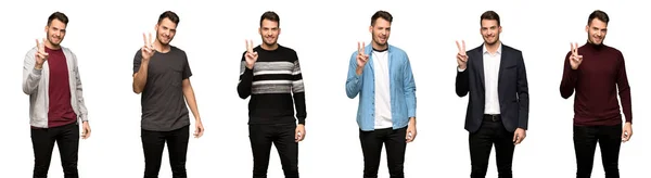 Set Handsome Man Smiling Showing Victory Sign — Stock Photo, Image