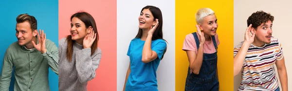 Conjunto Personas Sobre Fondos Coloridos Escuchando Algo Poniendo Mano Oreja — Foto de Stock