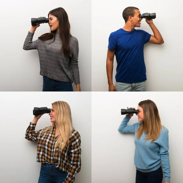 Collage of people and looking in the distance with binoculars