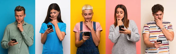 Conjunto Pessoas Sobre Fundos Coloridos Pensando Enviando Uma Mensagem — Fotografia de Stock