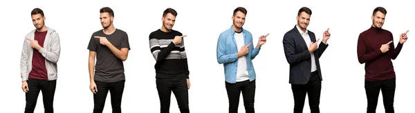 Schöner Mann Der Mit Dem Finger Zur Seite Zeigt — Stockfoto