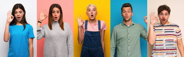 Set People Colorful Backgrounds Surprised Showing Sign — Stock Photo, Image
