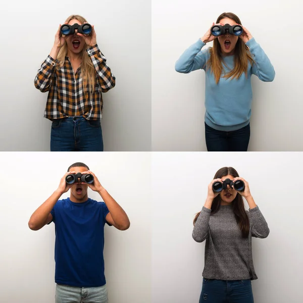 Collage of people and looking in the distance with binoculars