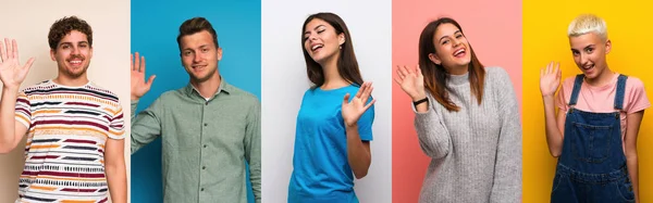 Conjunto Personas Sobre Fondos Coloridos Saludando Con Mano Con Expresión —  Fotos de Stock