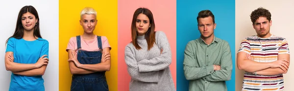 Set Persone Sfondi Colorati Sentirsi Sconvolto — Foto Stock