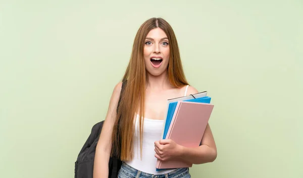 Young Student Woman Isolated Green Background Surprise Facial Expression — Stock Photo, Image