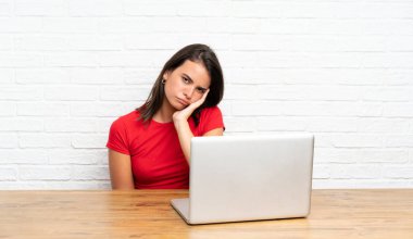 Bir masada pc ile genç kız mutsuz ve sinirli