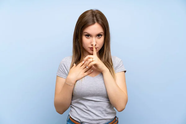Teenager Girl Isolated Blue Wall Showing Sign Silence Gesture Putting — Stock Photo, Image