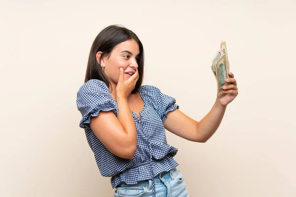 Jovencita Sobre Aislado Fondo Tomando Montón Dinero —  Fotos de Stock