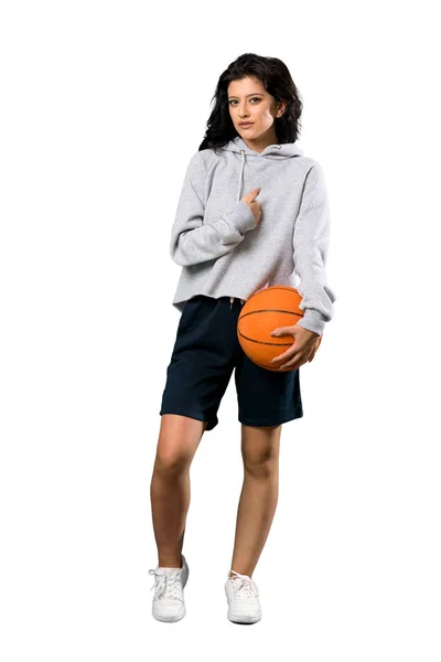 Full Length Shot Young Woman Playing Basketball Surprise Facial Expression — Stock Photo, Image