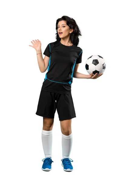 Full Length Shot Una Giovane Calciatrice Donna Con Espressione Facciale — Foto Stock